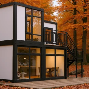 Contrast of wood grain and metal frame exterior.