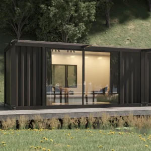 Warm night view of a carbonized wood holiday villa.