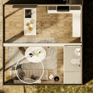 Minimalist interior with curved architectural lines.