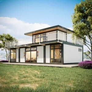 Modern 2-story modular container house with terrace.