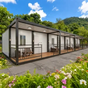 Modern flat-roof container house with integrated front porch.