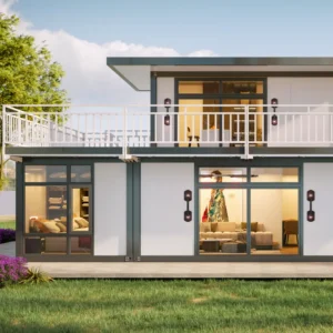 Main entrance and porch of a double-deck container.