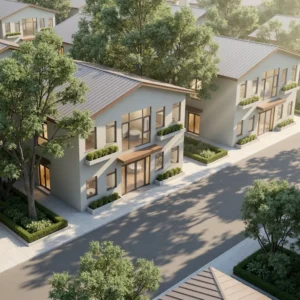 مبنى جاهز من طابقين بسقف مائل حديث.