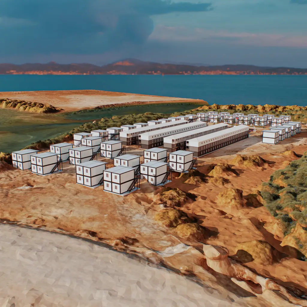 Coastal modular camp exterior.