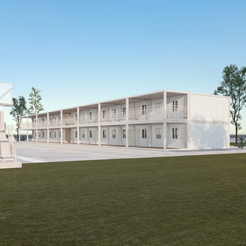 Detail of modular connection for multi-unit container structures.