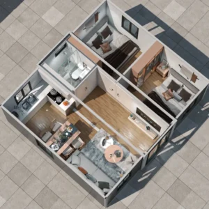 Folded expandable house for shipping.