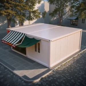 Portable newsstand with forklift pockets for easy relocation.