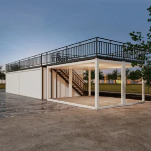 External stairs and glass door.
