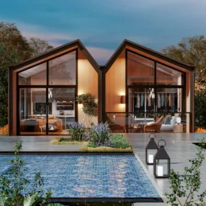 High ceiling and panoramic glass.