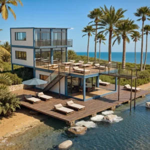 Spacious second-floor private terrace with glass railing in a container villa.