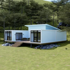 Open-plan interior of a luxury white modular villa with glass walls.