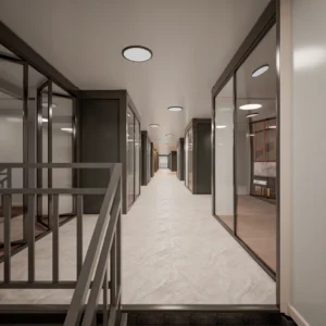 Spacious modular showroom interior.