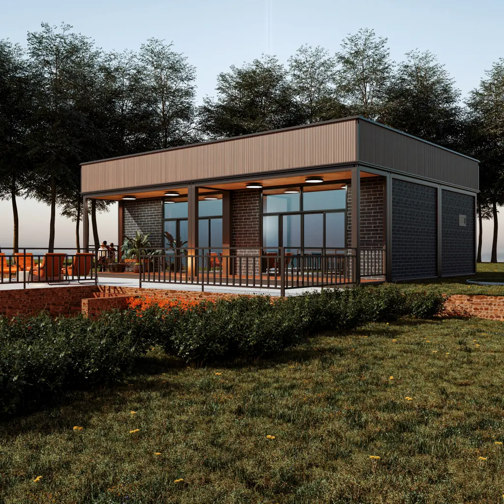 Panoramic window and wooden interior.