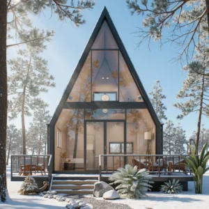 Cozy loft bedroom with skylight in A-frame cabin.