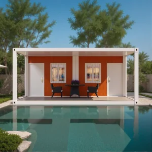 External steel stairs of a 2-story modular container home.