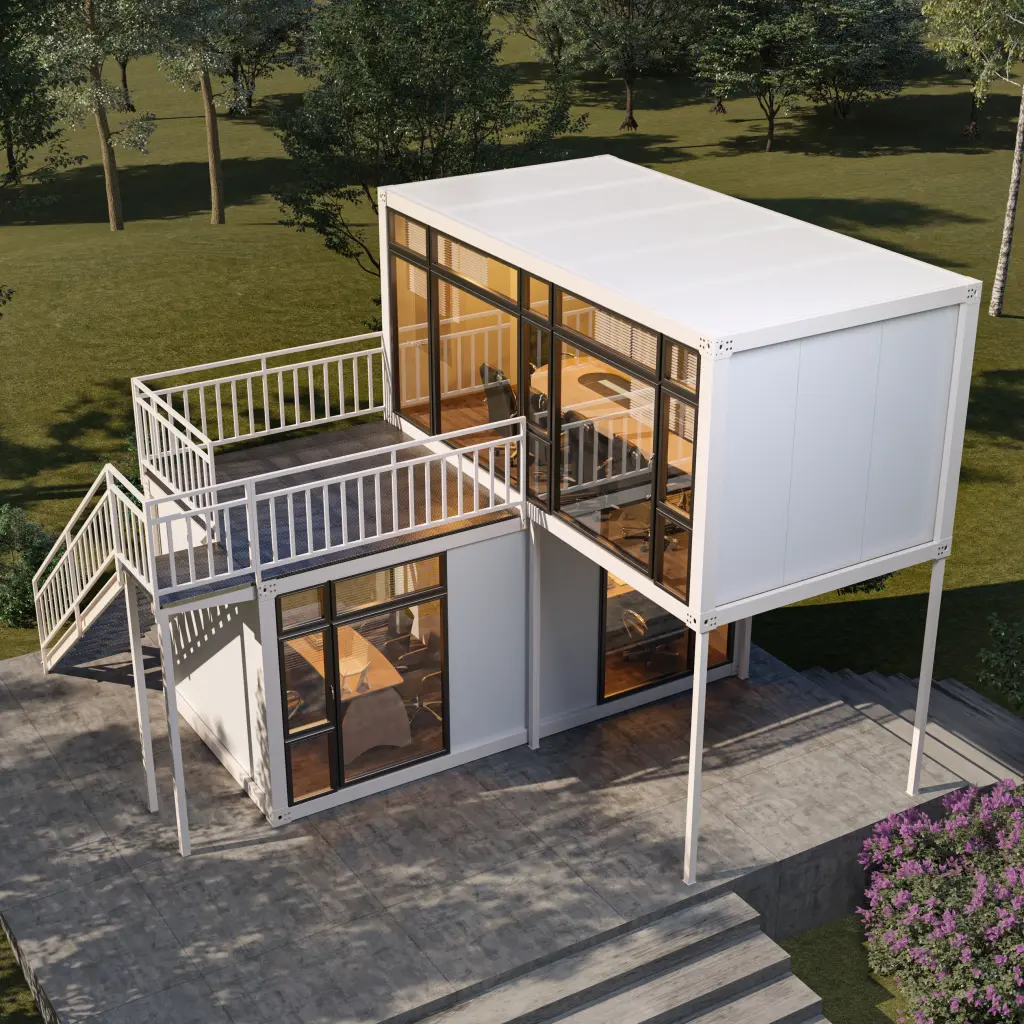 Interior of a modern minimalist container home with panoramic view.