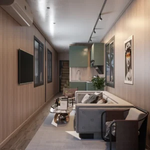 2階建て木目調コンテナ別荘。