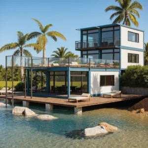Modern interior of a luxury container home with panoramic sea view.